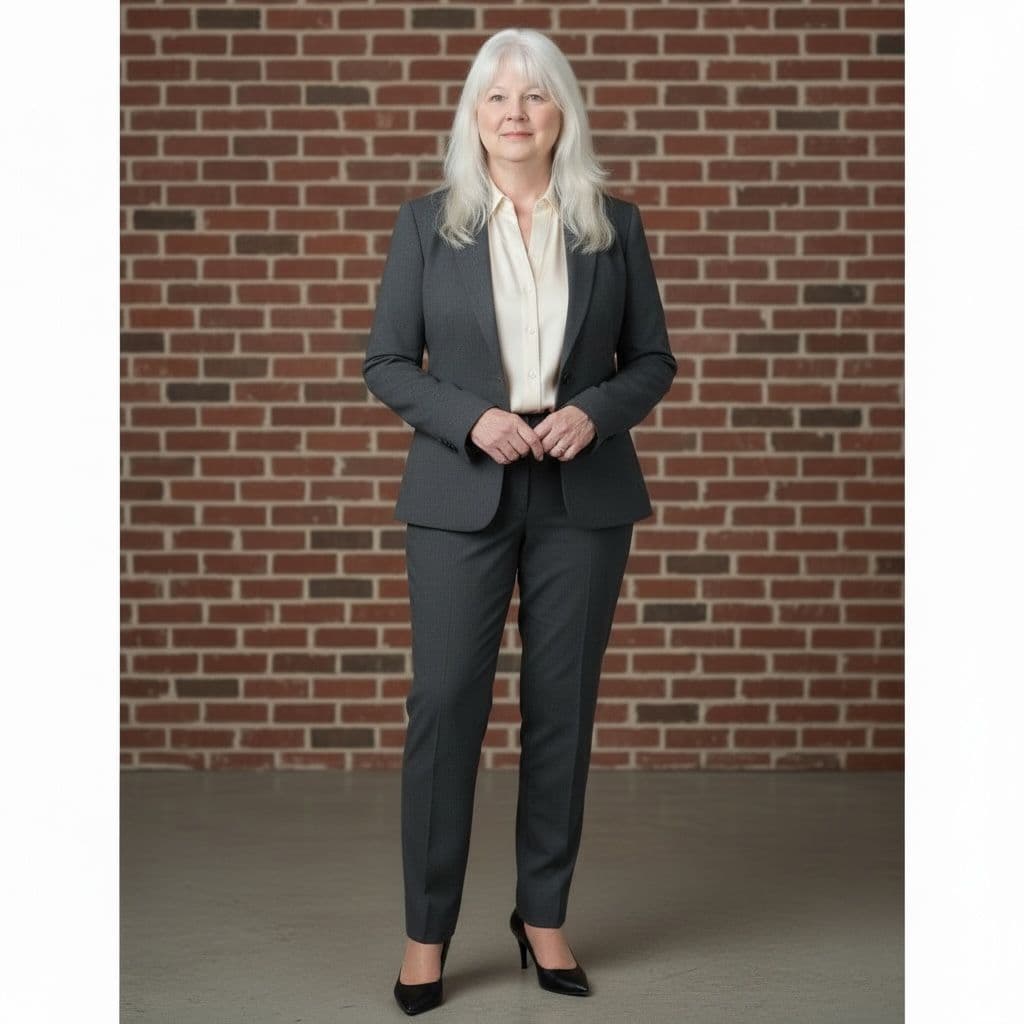 Donna Rougeau standing in a grey suit in front of a red brick wall